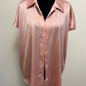 Worthington Blush Satin Button-Down Short Sleeve Top